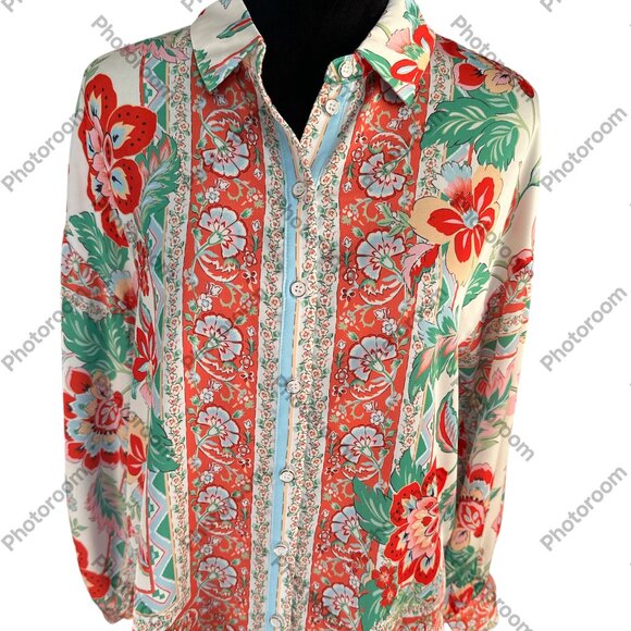 Fate NWT Small Mixed Floral Print Satiny Long Sleeve Button Blouse - Picture 1 of 3